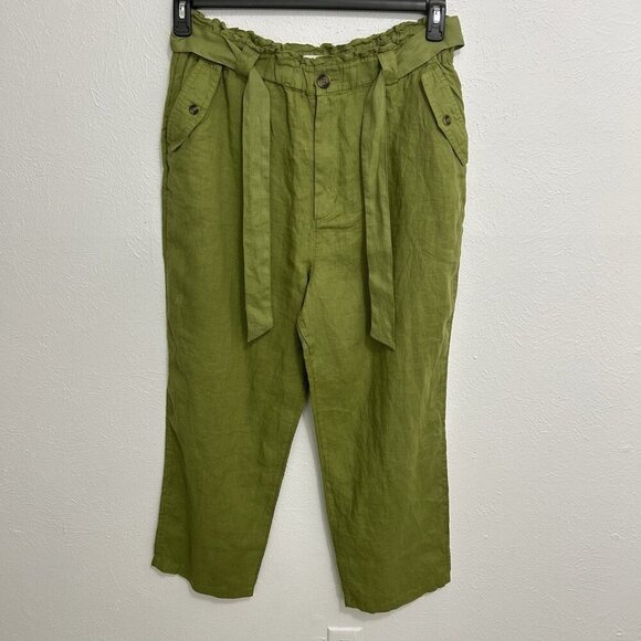 CC  California Lime Green Linen Cropped Pants Wide Leg Scrunched Waist Size L - Picture 1 of 12